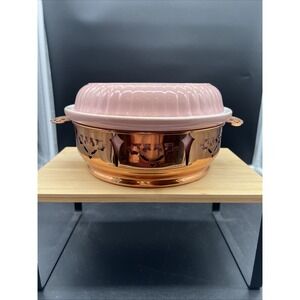 Vintage Hall China Co. Pink Covered Casserole Dish W Gold Holder Forman Family